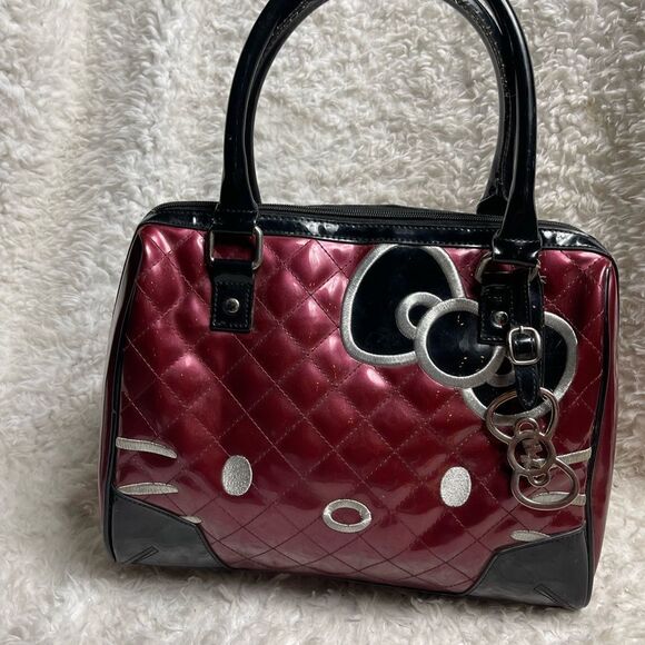 Hello kitty Sanrio Berry Patent quilted &face embroidery Satchel black straps - Picture 1 of 16